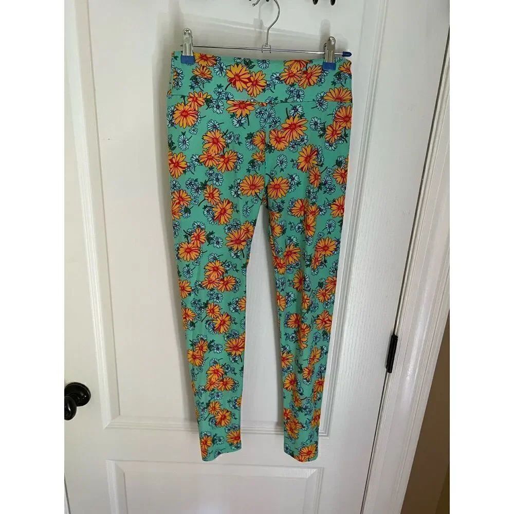 LuLaRoe one size Leggings teal with yellow daisy/sunflowers
